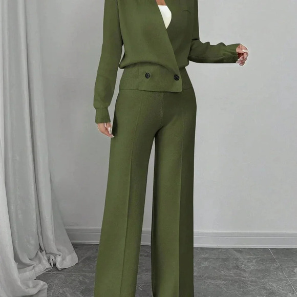 Green Elegant Women's Loose Long Sleeve Crew Neck  Knit Sweater & Suit Pants Set - Picture 4 of 8